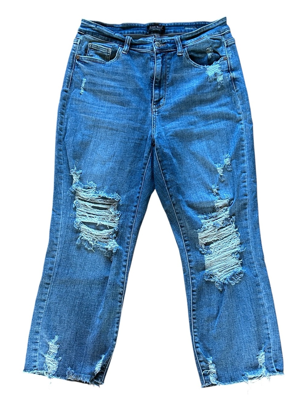 Judy Blue Distressed Blue Ripped High-Rise Straight Jean Capris